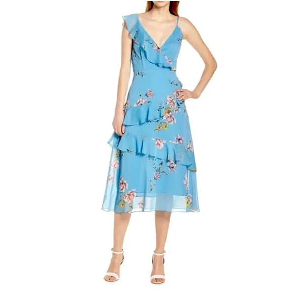 NEW Avec Les Filles Floral Cascading Ruffle Midi Dress in Cerulean Blue - Picture 1 of 12